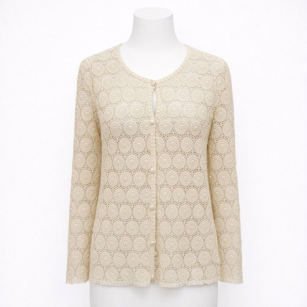 Vintage Cream Crochet Cardigan Geometric Sheer Festival Boho S-M